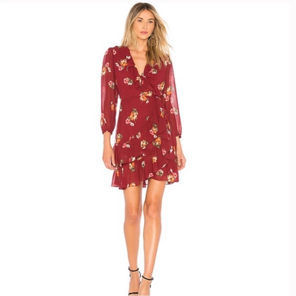 ASTR The Label Burgundy Floral Ruffled Wrap Mini Dress XS